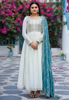 Embroidered Chinon Silk Abaya Style Suit in Off White