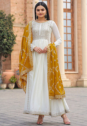 Embroidered Chinon Silk Abaya Style Suit in Off White