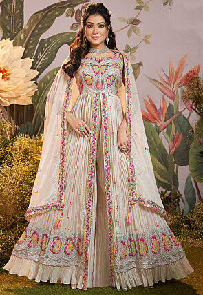Embroidered Chinon Silk Abaya Style Suit in Off White
