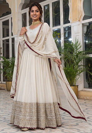 Embroidered Chinon Silk Abaya Style Suit in Off White