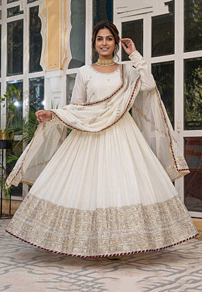 Embroidered Chinon Silk Abaya Style Suit in Off White