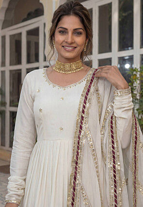 Embroidered Chinon Silk Abaya Style Suit in Off White