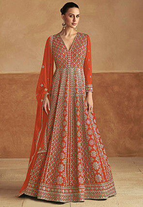 Embroidered Chinon Silk Abaya Style Suit in Orange