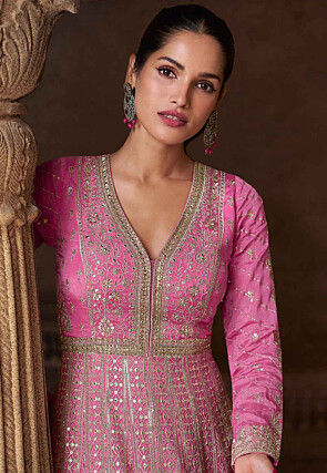 Embroidered Chinon Silk Abaya Style Suit in Pink Ombre