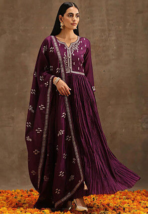 Embroidered Chinon Silk Abaya Style Suit in Purple