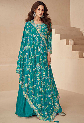 Embroidered Chinon Silk Abaya Style Suit in Teal Blue