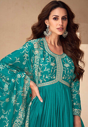 Embroidered Chinon Silk Abaya Style Suit in Teal Blue