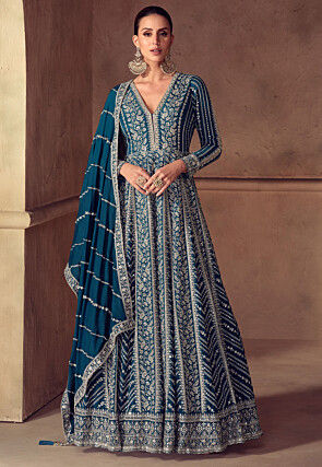 Embroidered Chinon Silk Abaya Style Suit in Teal Blue