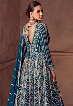 Embroidered Chinon Silk Abaya Style Suit in Teal Blue