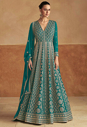 Embroidered Chinon Silk Abaya Style Suit in Teal Green