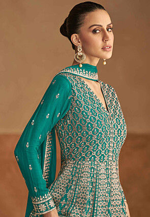Embroidered Chinon Silk Abaya Style Suit in Teal Green