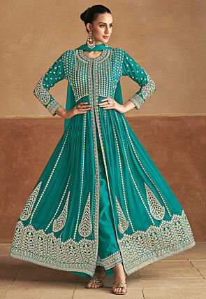 Embroidered Chinon Silk Abaya Style Suit in Turquoise