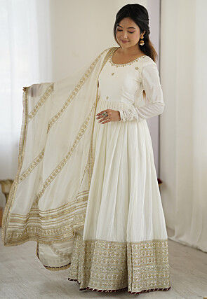 Embroidered Chinon Silk Abaya Style Suit in White