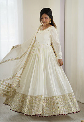 Embroidered Chinon Silk Abaya Style Suit in White