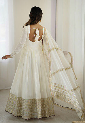 Embroidered Chinon Silk Abaya Style Suit in White