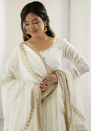 Embroidered Chinon Silk Abaya Style Suit in White