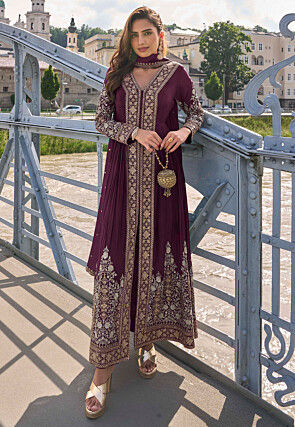 Embroidered Chinon Silk Abaya Style Suit in Wine