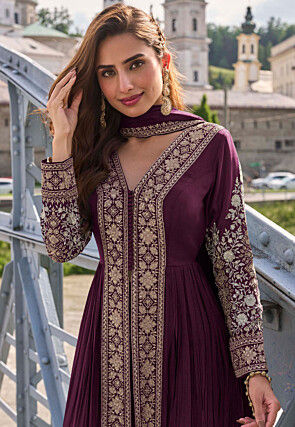 Embroidered Chinon Silk Abaya Style Suit in Wine