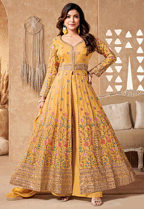 Embroidered Chinon Silk Abaya Style Suit in Yellow