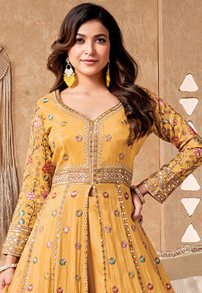 Embroidered Chinon Silk Abaya Style Suit in Yellow