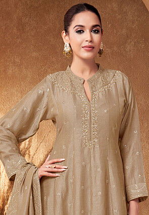 Embroidered Chinon Silk Anarkali Suit in Brown