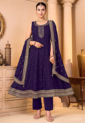 Embroidered Art Silk Anarkali Suit in Wine