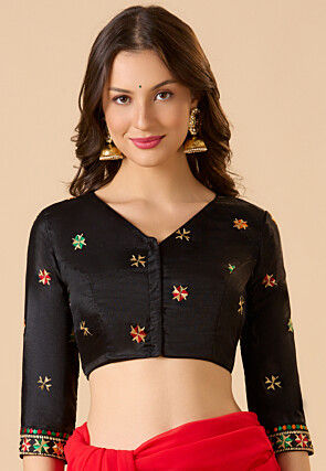 Embroidered Chinon Silk Blouse in Black