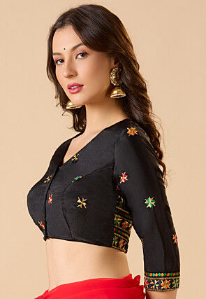 Embroidered Chinon Silk Blouse in Black