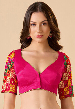 Embroidered Chinon Silk Blouse in Pink