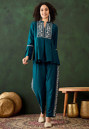 Embroidered Chinon Silk Co Ord Set in Teal Blue