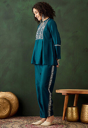 Embroidered Chinon Silk Co Ord Set in Teal Blue