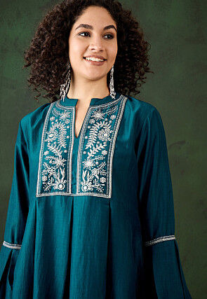 Embroidered Chinon Silk Co Ord Set in Teal Blue