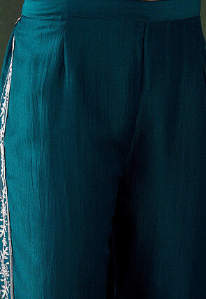 Embroidered Chinon Silk Co Ord Set in Teal Blue