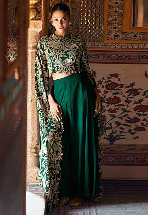 Embroidered Chinon Silk Crop Top in Dark Green