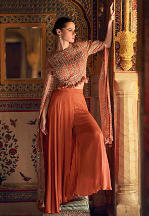 Embroidered Chinon Silk Crop Top in Orange