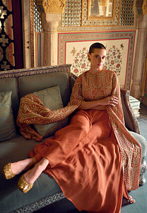 Embroidered Chinon Silk Crop Top in Orange