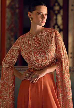Embroidered Chinon Silk Crop Top in Orange