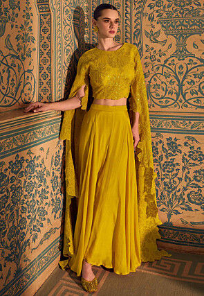 Embroidered Chinon Silk Crop Top in Yellow