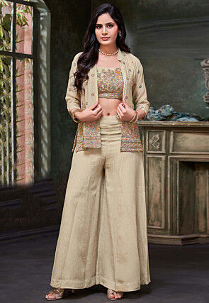 Embroidered Chinon Silk Crop Top Set in Beige