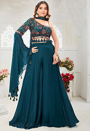 Embroidered Chinon Silk Crop Top Set in Dark Teal Blue