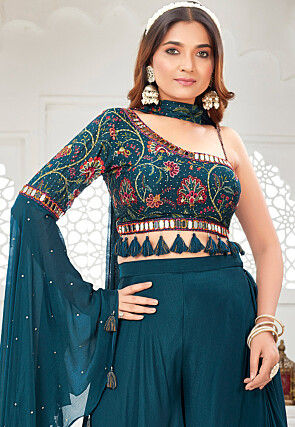 Embroidered Chinon Silk Crop Top Set in Dark Teal Blue