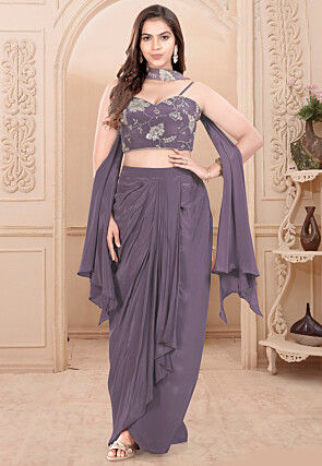 Embroidered Chinon Silk Crop Top Set in Dusty Purple