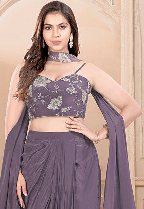Embroidered Chinon Silk Crop Top Set in Dusty Purple