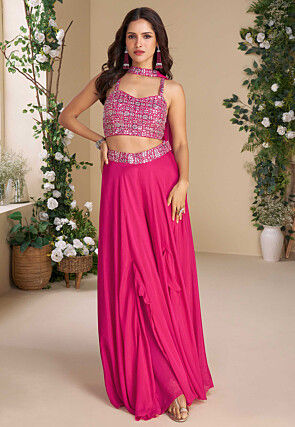 Embroidered Chinon Silk Crop Top Set in Fuchsia