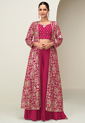 Embroidered Chinon Silk Crop Top Set in Fuchsia