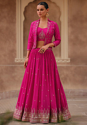 Embroidered Chinon Silk Crop Top Set in Fuchsia