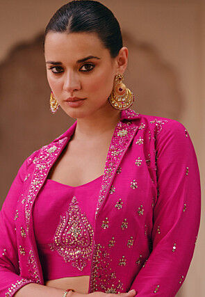 Embroidered Chinon Silk Crop Top Set in Fuchsia