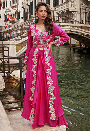 Embroidered Chinon Silk Crop Top Set in Fuchsia