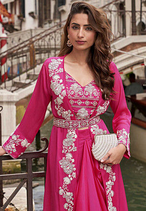 Embroidered Chinon Silk Crop Top Set in Fuchsia