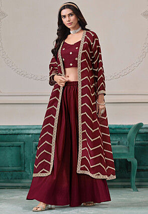 Embroidered Chinon Silk Crop Top Set in Maroon
